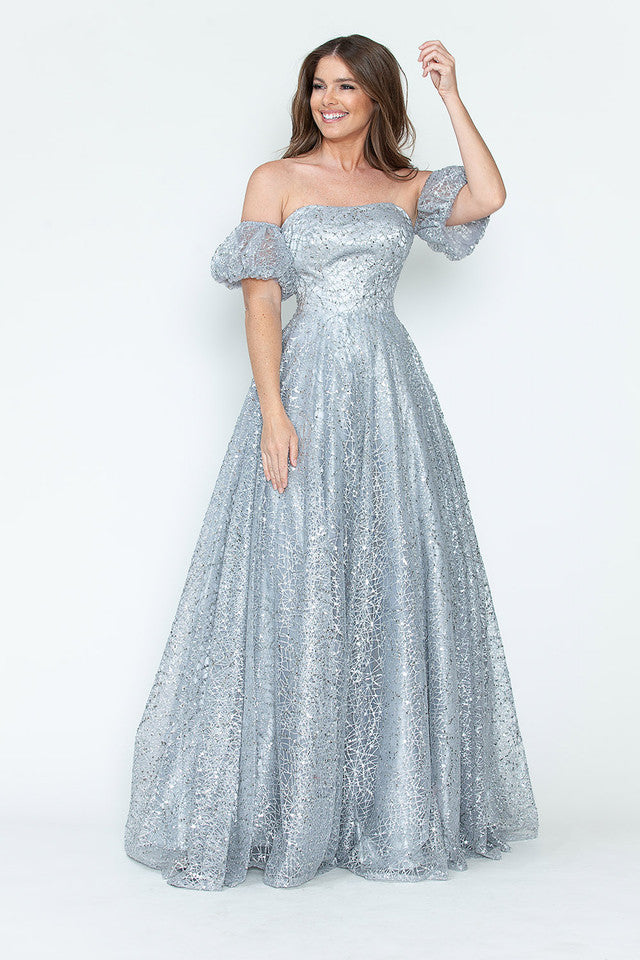 Vestido de noche formal de tul brillante con mangas abullonadas, corte A, de Lenovia 8242