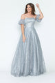 Vestido de noche formal de tul brillante con mangas abullonadas, corte A, de Lenovia 8242
