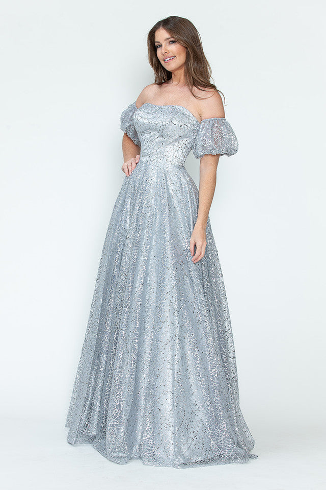 Vestido de noche formal de tul brillante con mangas abullonadas, corte A, de Lenovia 8242