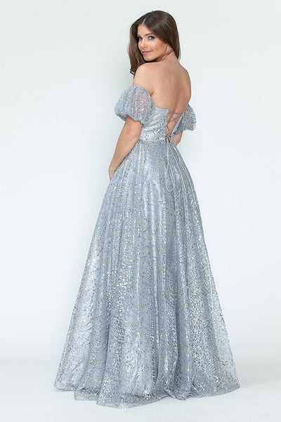 Glitter Tulle A-Line with Puff Sleeves Formal Evening Dress By Lenovia 8242