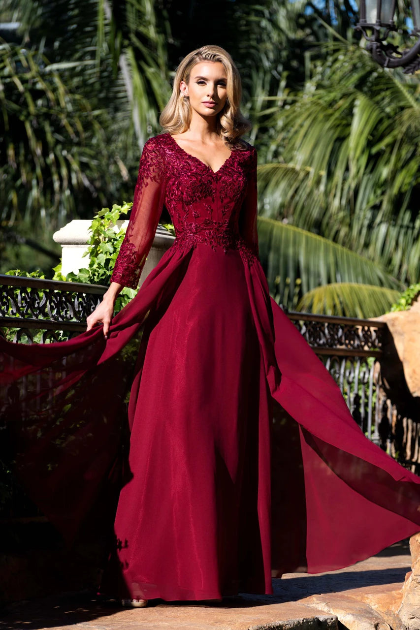 3/4 Sleeves V-Neck Mother of the Bride Dress with Embroidered Lace Appliqué Bodice by Lenovia 8436
