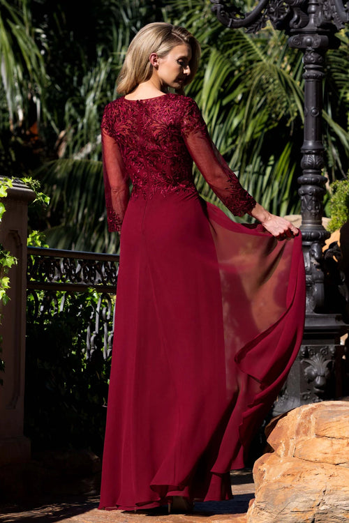 3/4 Sleeves V-Neck Mother of the Bride Dress with Embroidered Lace Appliqué Bodice by Lenovia 8436