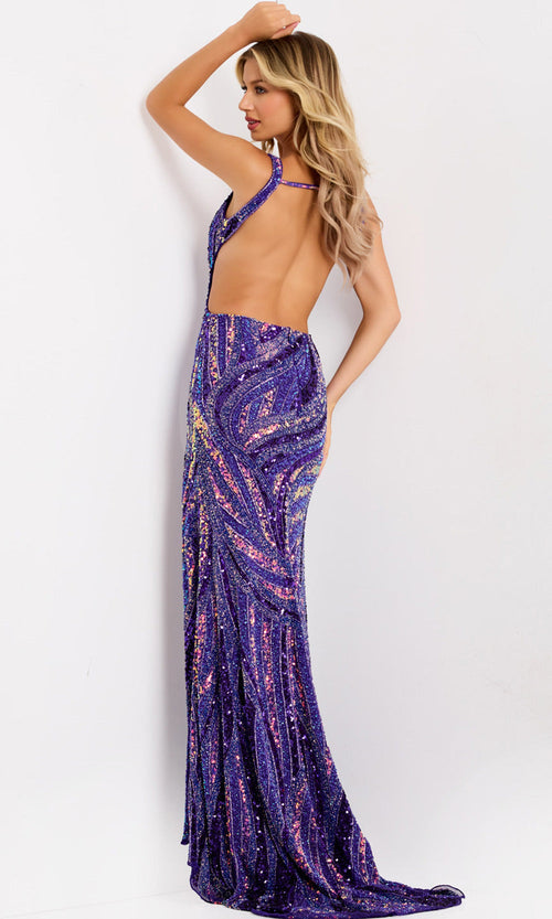 Sequin Cut-Out Evening Gown with Plunging V-Neck Open Back & High Slit Prom Dress by Jovani 47793