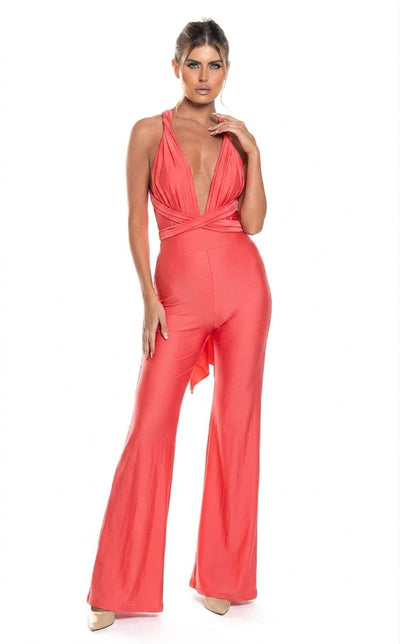 Backless Halter Wide-Leg Plunge-Neck Evening Jumpsuit with Crisscross Back by Jessica Angel 849