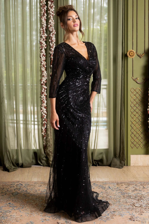 Long Sleeve Sequin Beaded Sheath Evening Gown V-Neck Illusion Sleeve Dress by Lenovia 8473