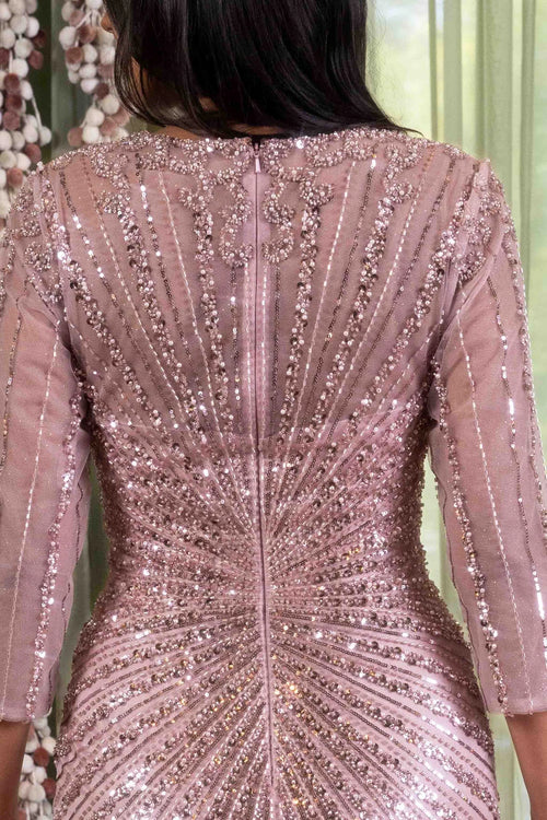Long Sleeve Sequin Beaded Sheath Evening Gown V-Neck Illusion Sleeve Dress by Lenovia 8473