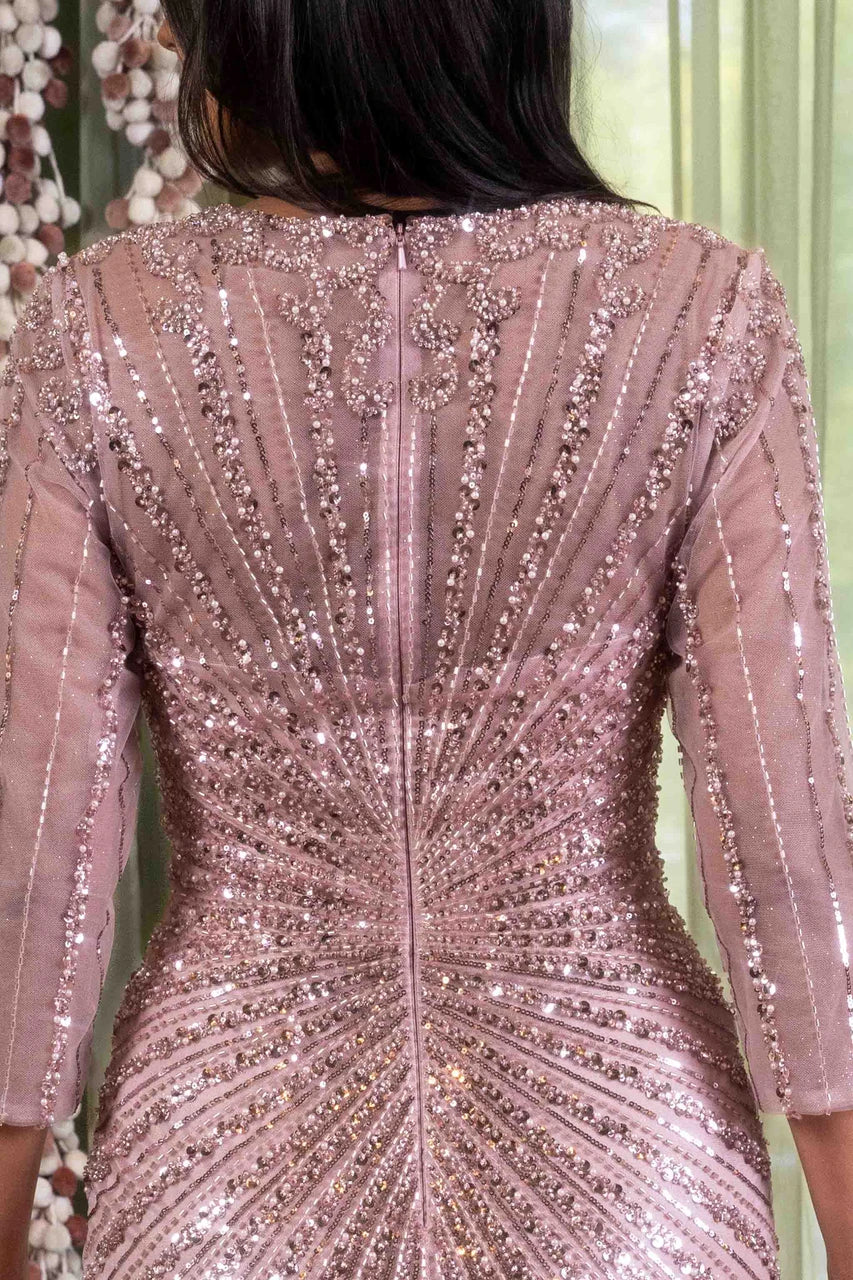 Long Sleeve Sequin Beaded Sheath Evening Gown V-Neck Illusion Sleeve Dress by Lenovia 8473