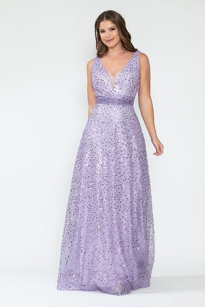 Sequin V-Neck A-Line Evening Gown with Glitter Mesh Overlay Sleeveless Formal Prom Dress By Lenovia 8217