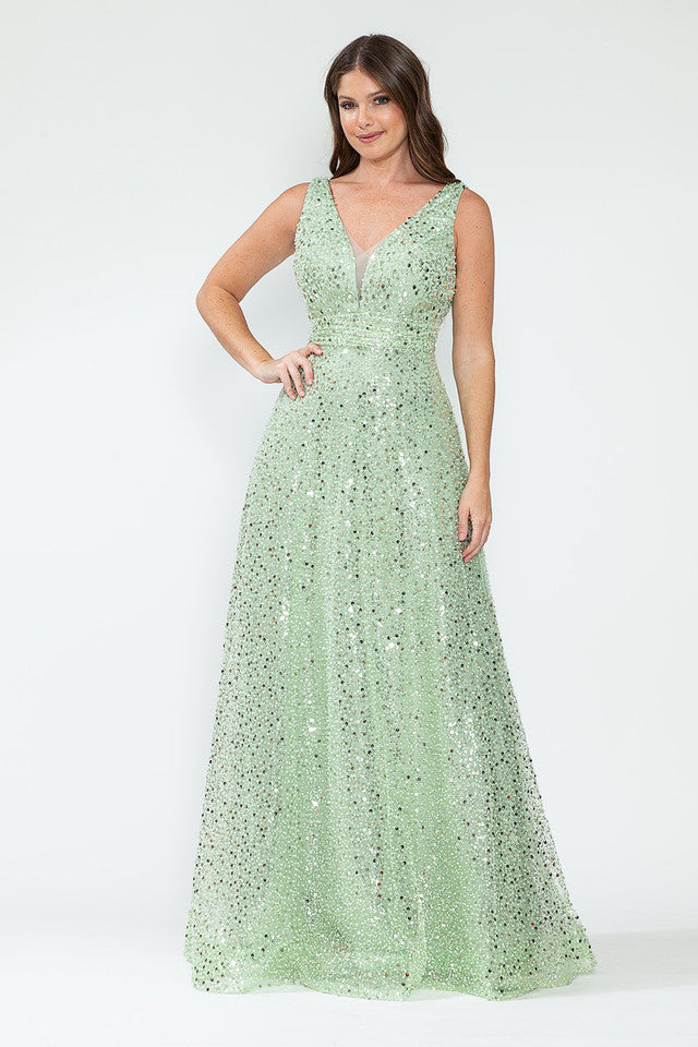Vestido de noche formal sin mangas con escote en V y lentejuelas, corte A y malla brillante, de Lenovia 8217