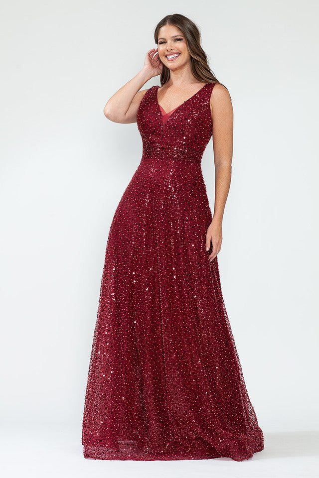 Vestido de noche formal sin mangas con escote en V y lentejuelas, corte A y malla brillante, de Lenovia 8217