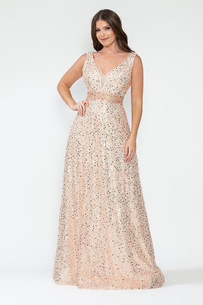 Sequin V-Neck A-Line Evening Gown with Glitter Mesh Overlay Sleeveless Formal Prom Dress By Lenovia 8217