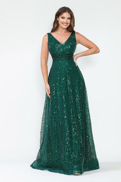 Sequin V-Neck A-Line Evening Gown with Glitter Mesh Overlay Sleeveless Formal Prom Dress By Lenovia 8217