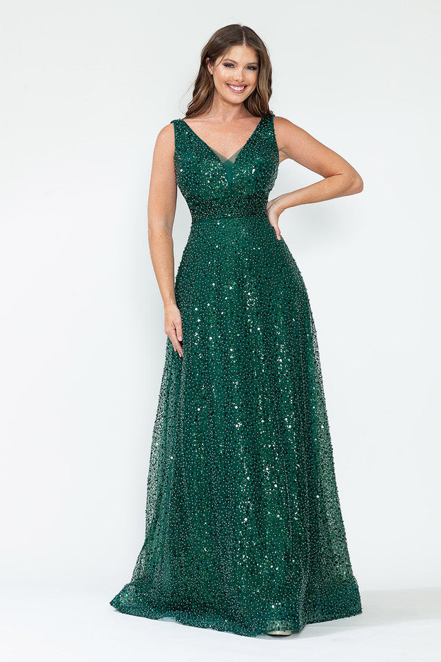 Vestido de noche formal sin mangas con escote en V y lentejuelas, corte A y malla brillante, de Lenovia 8217