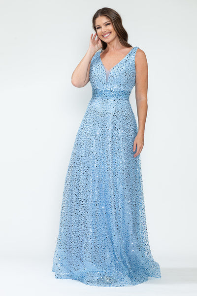 Sequin V-Neck A-Line Evening Gown with Glitter Mesh Overlay Sleeveless Formal Prom Dress By Lenovia 8217