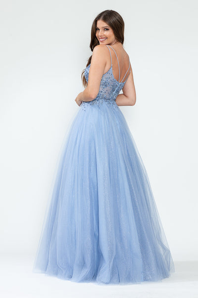 Glitter Tulle A-Line Gown with Floral Lace Appliqué Bodice and Double Spaghetti Straps Prom Dress By Lenovia 8182
