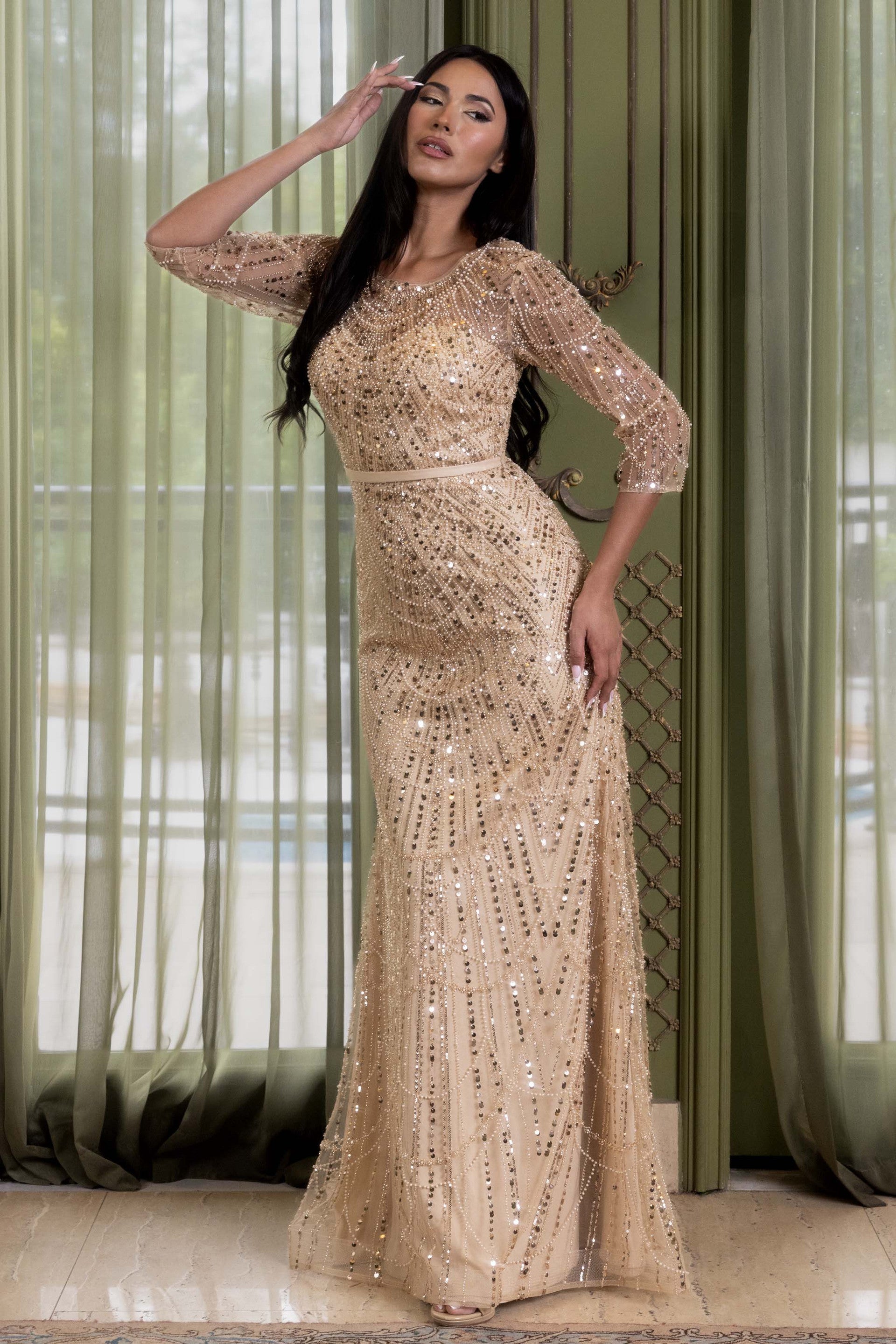 Beaded Mother of the Bride Gown with Three-Quarter Sleeves and Detachable Belt by Lenovia 8395
