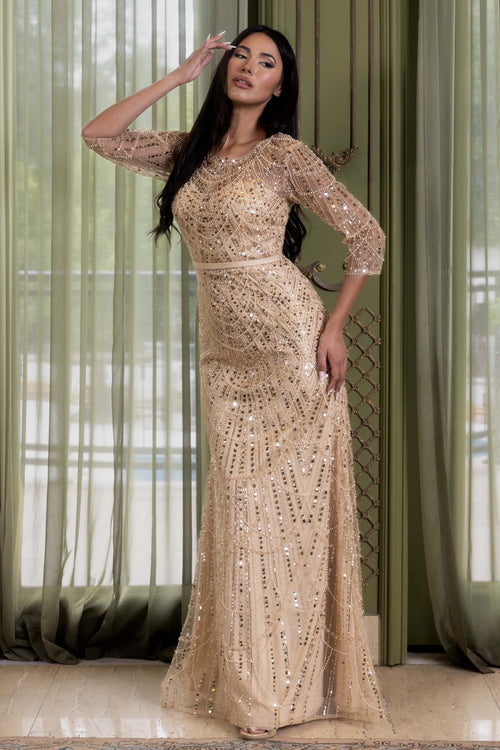 Beaded Mother of the Bride Gown with Three-Quarter Sleeves and Detachable Belt by Lenovia 8395