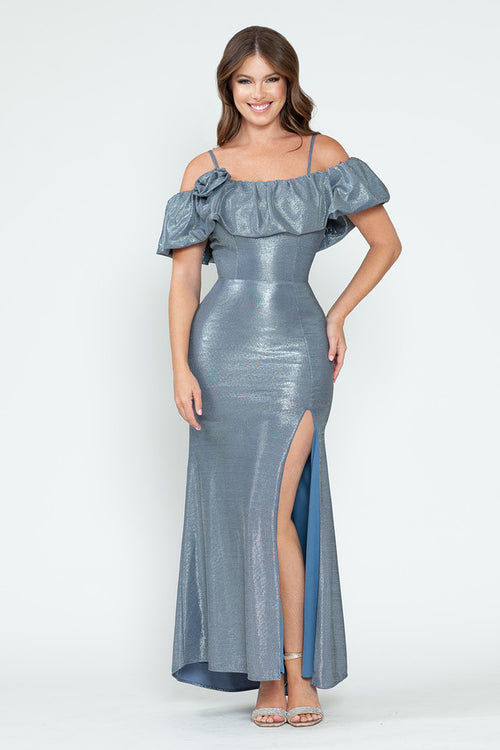 Ruffle Off-Shoulder Metallic Gown with Spaghetti Straps and Side Slit Formal Evening Dress By Lenovia 5316