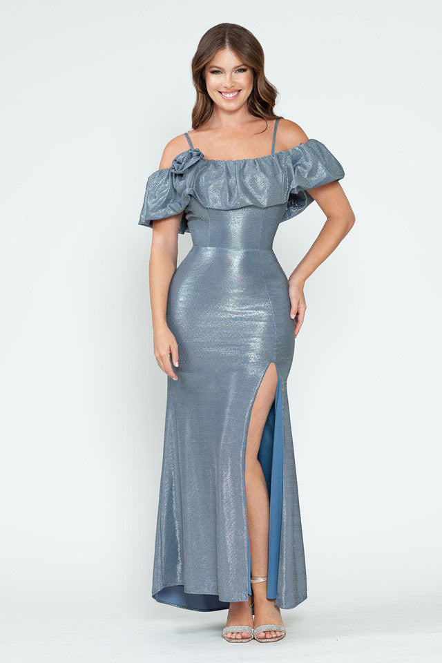Ruffle Off-Shoulder Metallic Gown with Spaghetti Straps and Side Slit Formal Evening Dress By Lenovia 5316