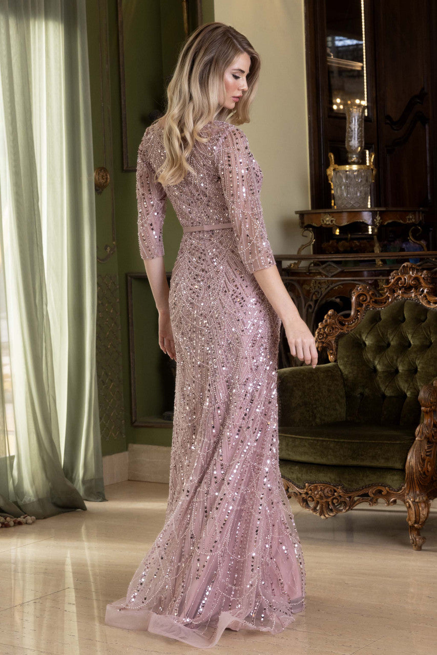 Beaded Mother of the Bride Gown with Three-Quarter Sleeves and Detachable Belt by Lenovia 8395