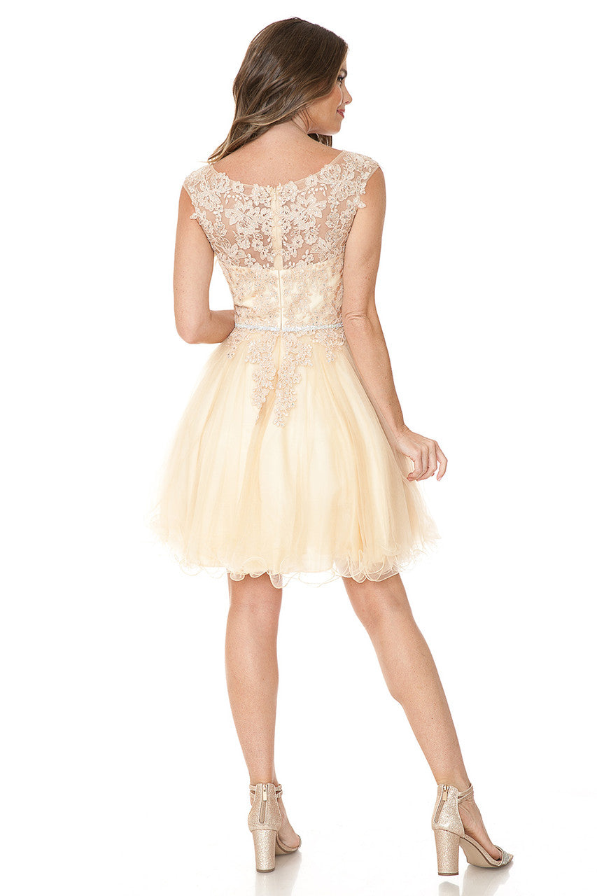 Vestido de fiesta corto de tul con corpiño de encaje y escote redondo ilusión de Lenovia 8177