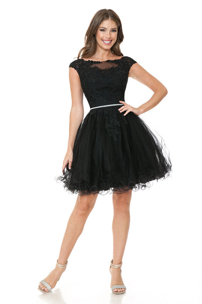 Short Tulle Party Dress with Lace Bodice & Illusion Scoop Neckline By Lenovia 8177
