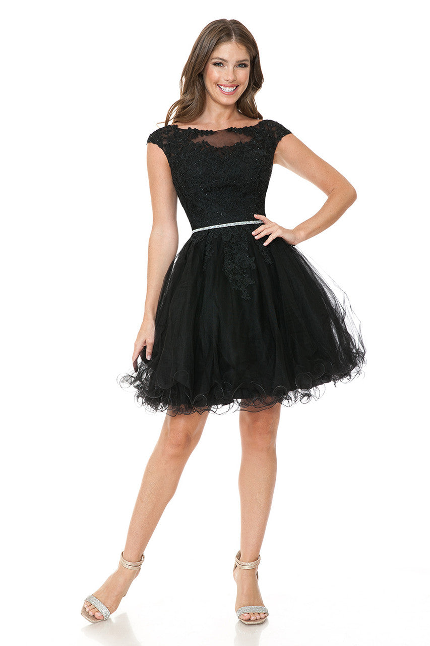 Vestido de fiesta corto de tul con corpiño de encaje y escote redondo ilusión de Lenovia 8177