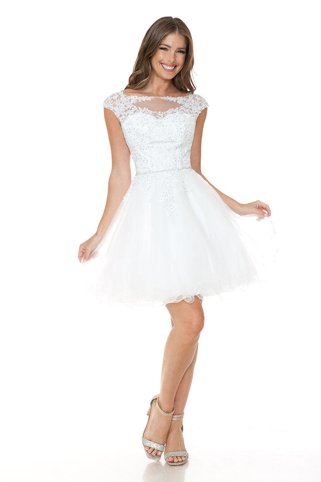 Vestido de fiesta corto de tul con corpiño de encaje y escote redondo ilusión de Lenovia 8177