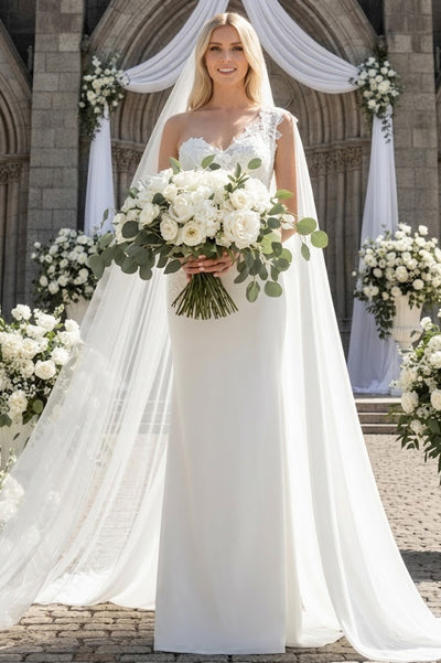 Elegant One-Shoulder Lace Wedding Dress with Chiffon Cape – Floral Appliqué Mermaid Bridal Gown by Amelia Couture 388