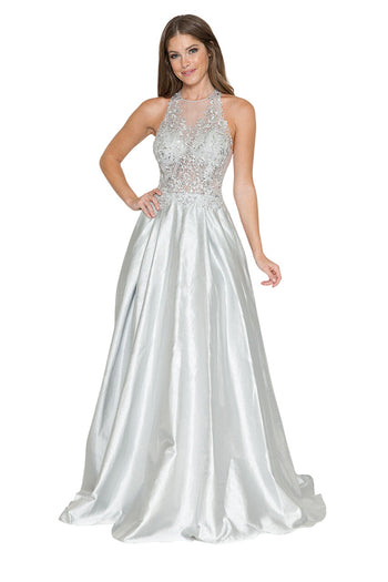 A-Line Gown with Sheer Lace Bodice & Halter Neckline By Lenovia 8181