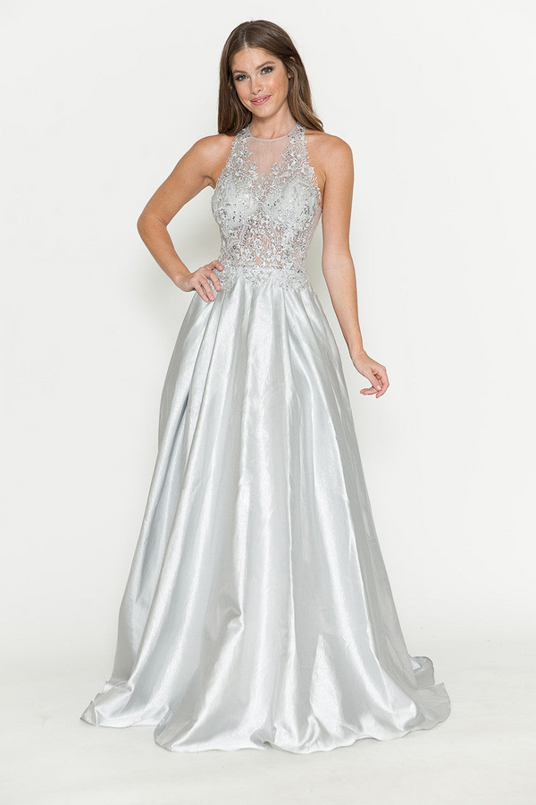 Lenovia SILVER Shimmery Satin with Sheer Embroidered Lace Bodice A-Line Gown Dress