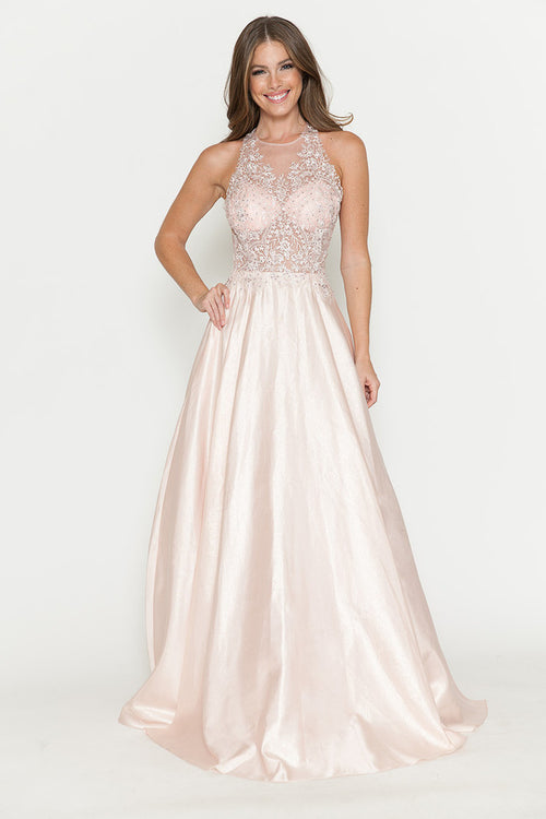 Vestido de corte A con corpiño de encaje transparente y escote halter de Lenovia 8181