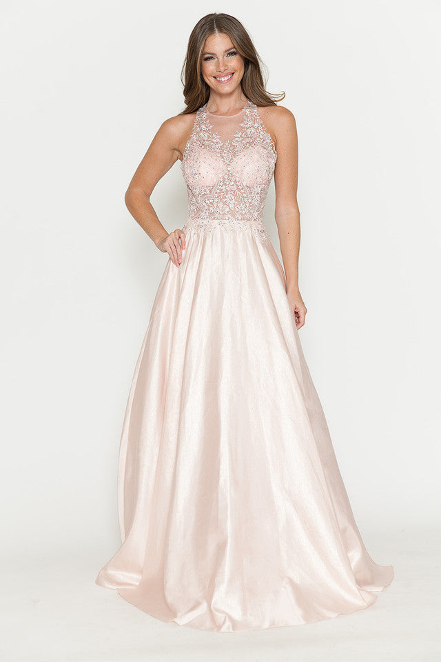 Vestido de corte A con corpiño de encaje transparente y escote halter de Lenovia 8181