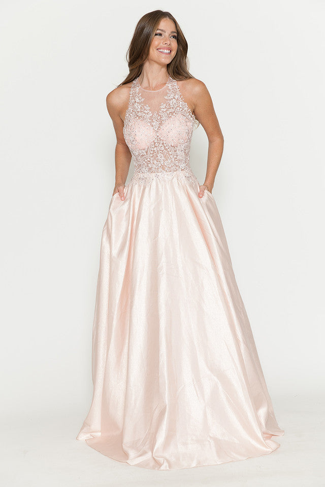 Vestido de corte A con corpiño de encaje transparente y escote halter de Lenovia 8181