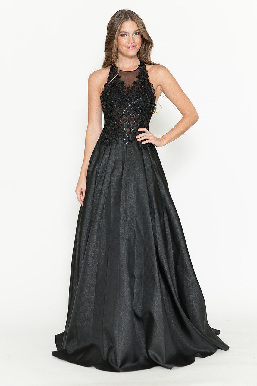 Vestido de corte A con corpiño de encaje transparente y escote halter de Lenovia 8181