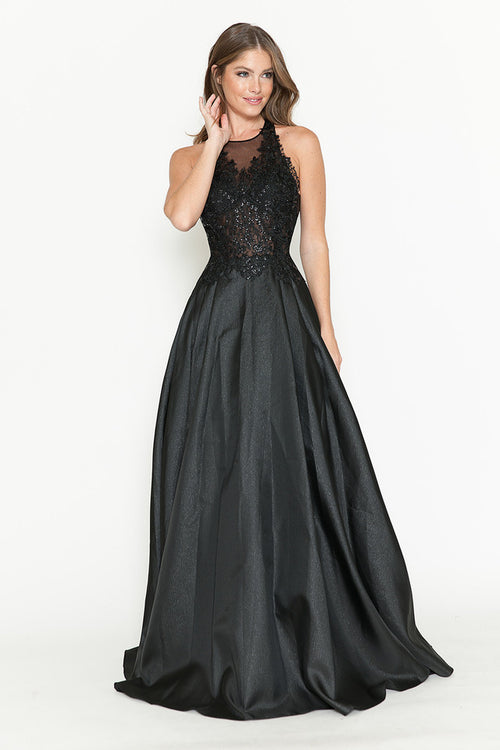 Vestido de corte A con corpiño de encaje transparente y escote halter de Lenovia 8181