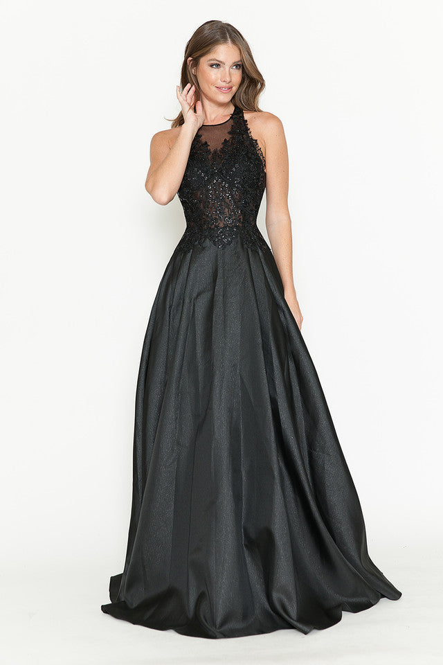 Vestido de corte A con corpiño de encaje transparente y escote halter de Lenovia 8181