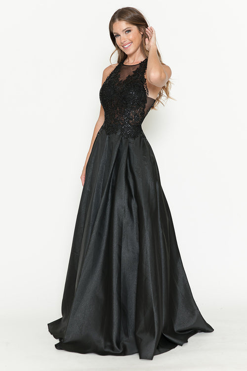 Vestido de corte A con corpiño de encaje transparente y escote halter de Lenovia 8181