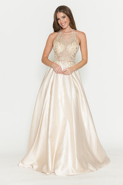 A-Line Gown with Sheer Lace Bodice & Halter Neckline By Lenovia 8181