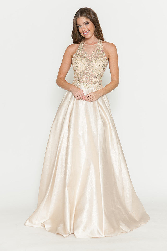 Vestido de corte A con corpiño de encaje transparente y escote halter de Lenovia 8181