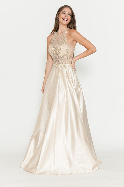 A-Line Gown with Sheer Lace Bodice & Halter Neckline By Lenovia 8181