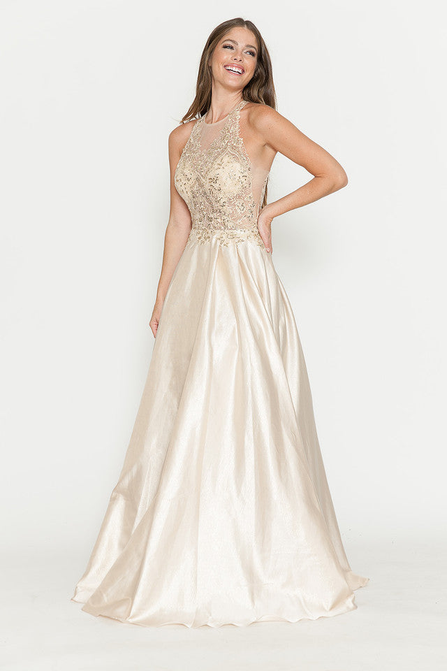 Vestido de corte A con corpiño de encaje transparente y escote halter de Lenovia 8181