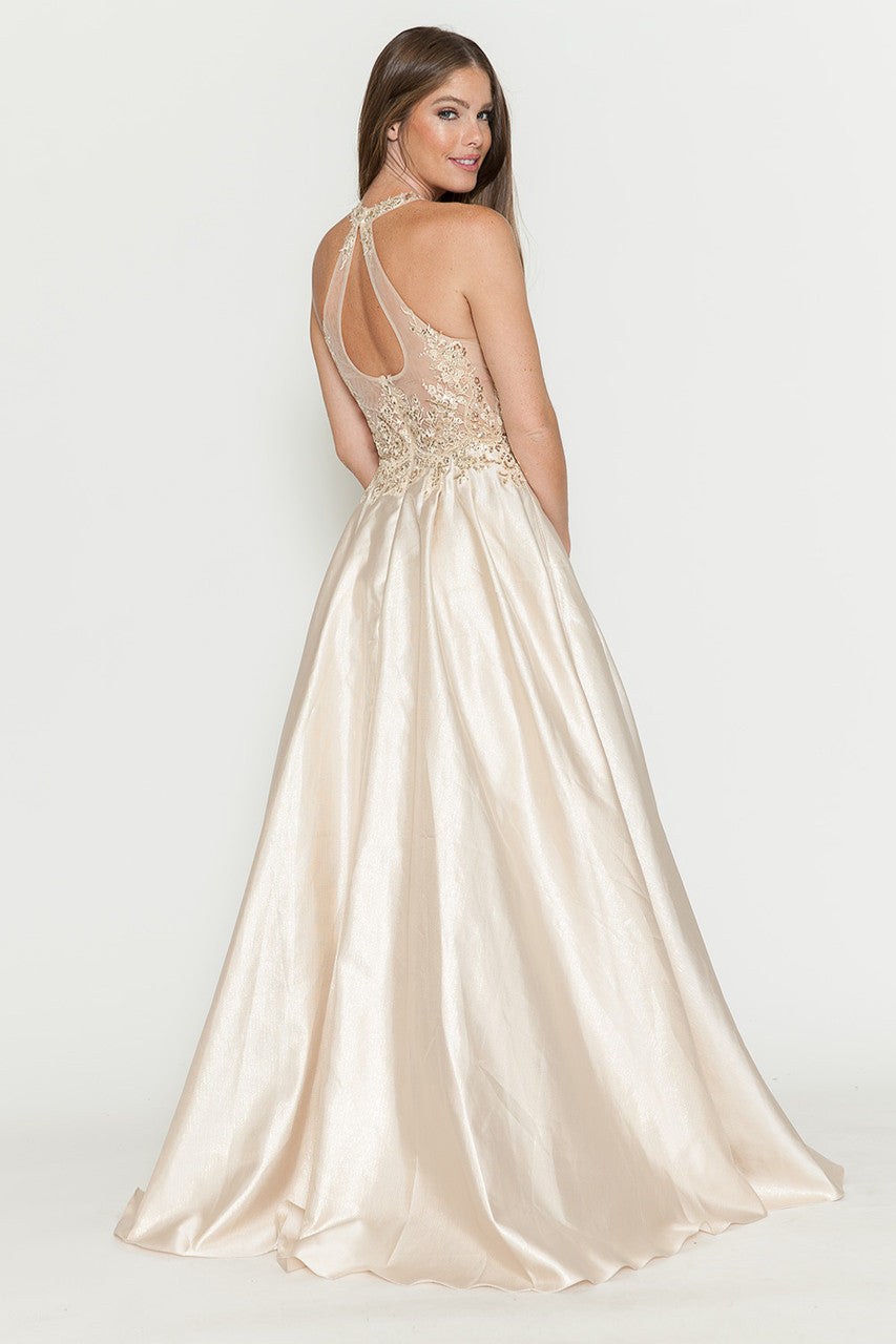 Vestido de corte A con corpiño de encaje transparente y escote halter de Lenovia 8181