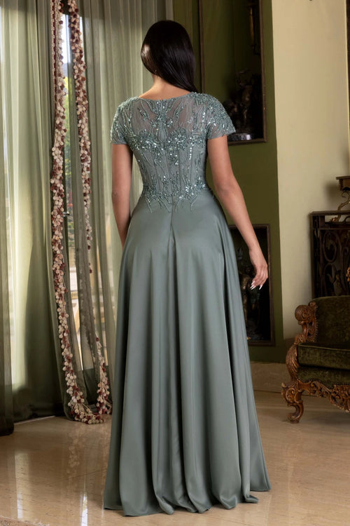 Cap Sleeve Beaded Lace Cap Sleeve A-Line Evening Gown Mother of the Bride Dress by Lenovia 8419