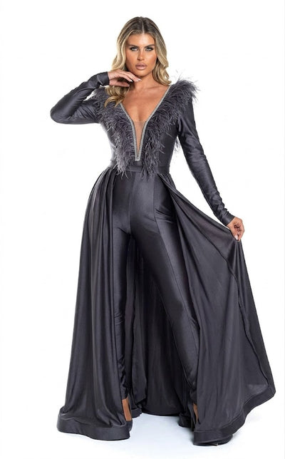 Feather Trim Long Sleeve Jumpsuit Gown with Deep V-Neck & Flowing Overskirt by Jessica Angel 864