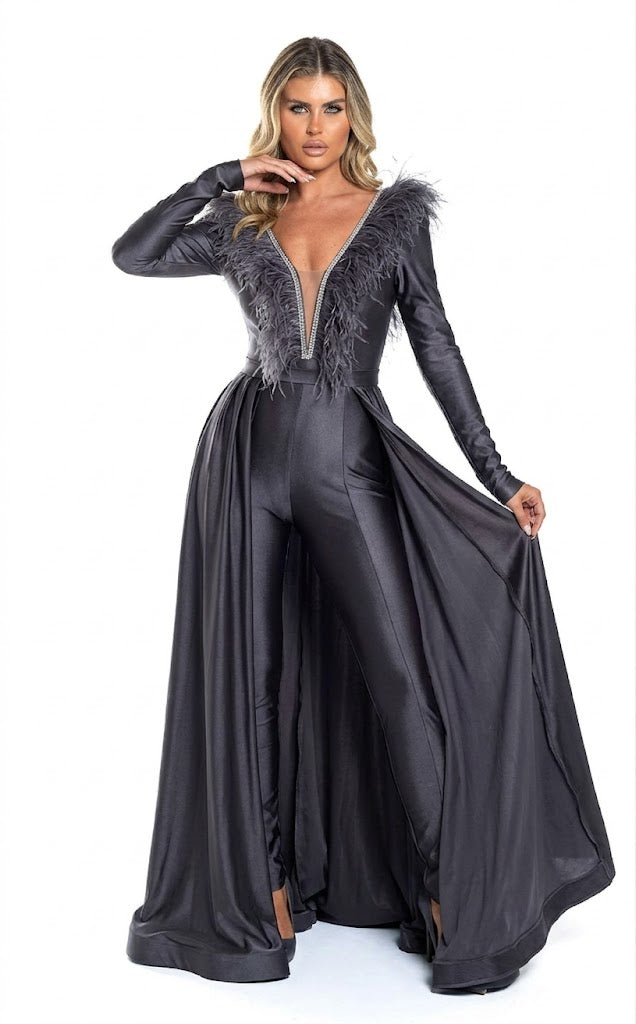 Feather Trim Long Sleeve Jumpsuit Gown with Deep V-Neck & Flowing Overskirt by Jessica Angel 864