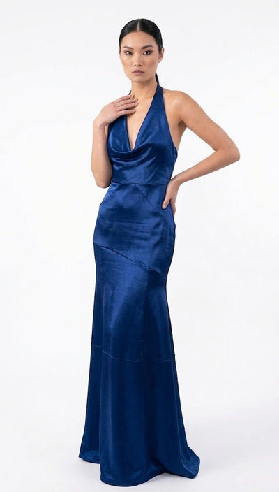 Satin Halter Neck Open Back Formal Gown with Draped Bodice Floor Length Dress by Jovani 45461