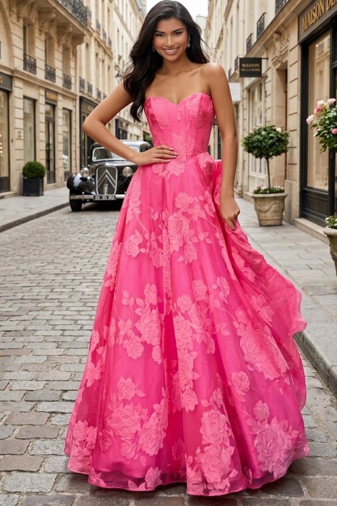 Strapless Floral Organza A-line Gown with Corset Bodice Sweetheart Formal Prom Dress by Jovani 47327
