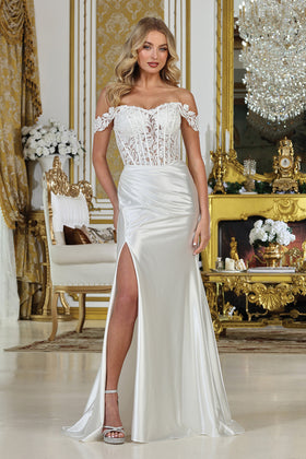 Adora Design 3308 Off Shoulder Beaded Satin Fitted Wedding Gown