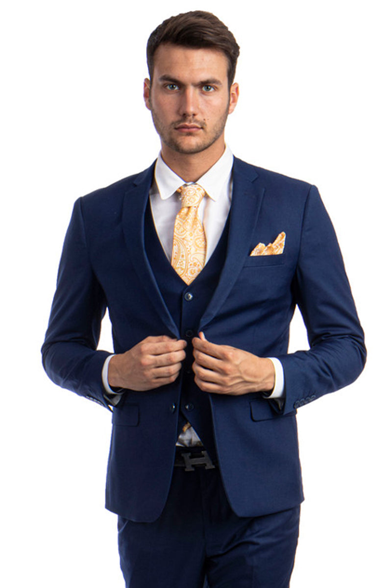 Traje básico liso de dos botones para hombre, corte entallado, con chaleco, en azul índigo